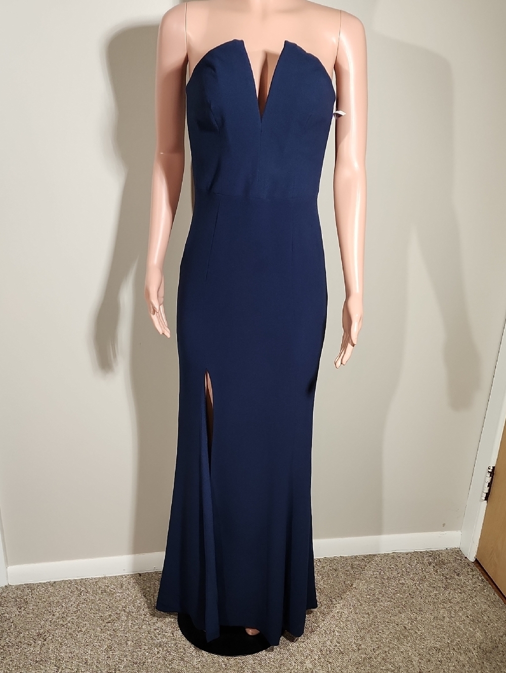 Dress the Population Strapless Navy Formal Gown with Front Slit